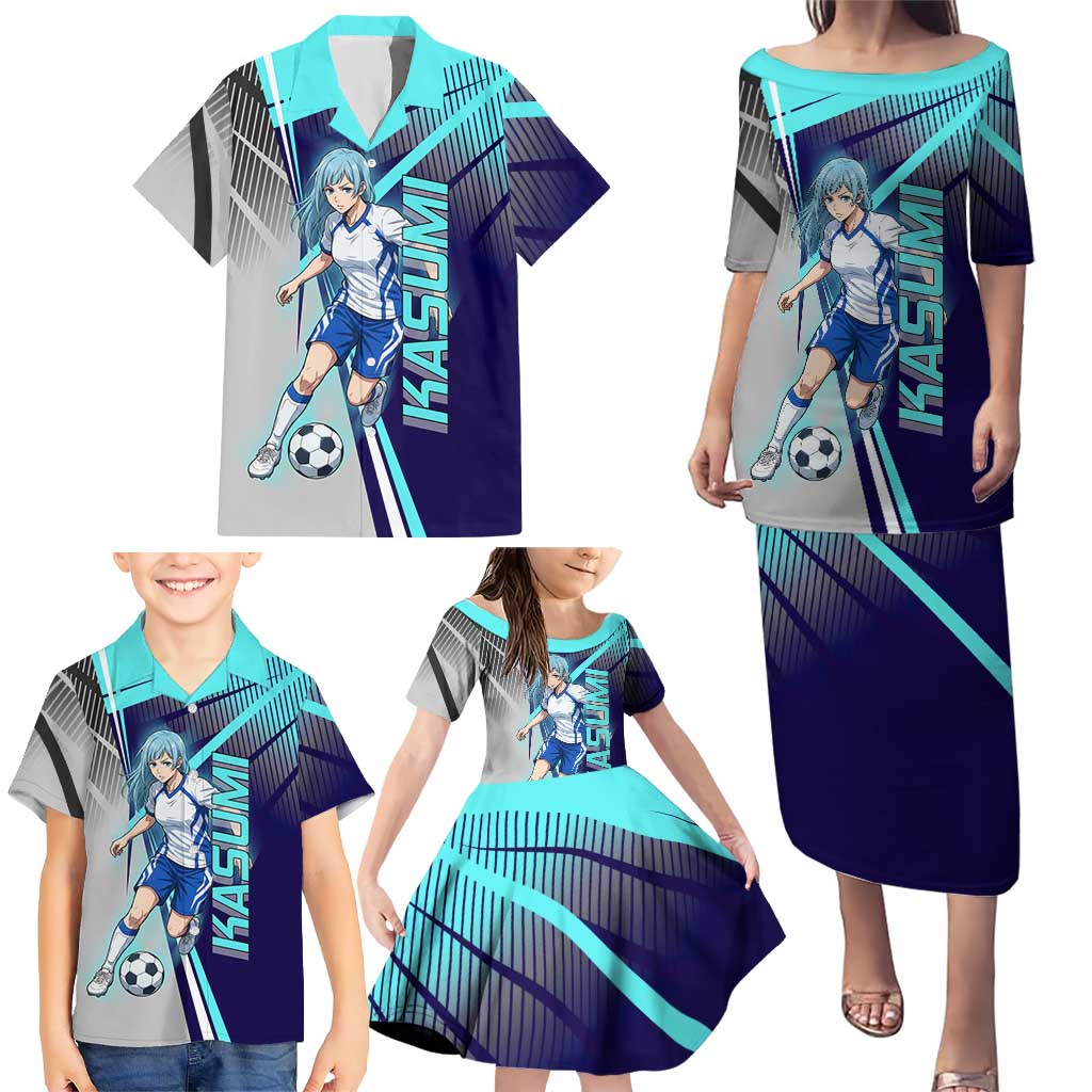 Personalized Miwa Kasumi Jujutsu Kaisen Family Matching Puletasi and Hawaiian Shirt with Light Blue Accents and Action Pose