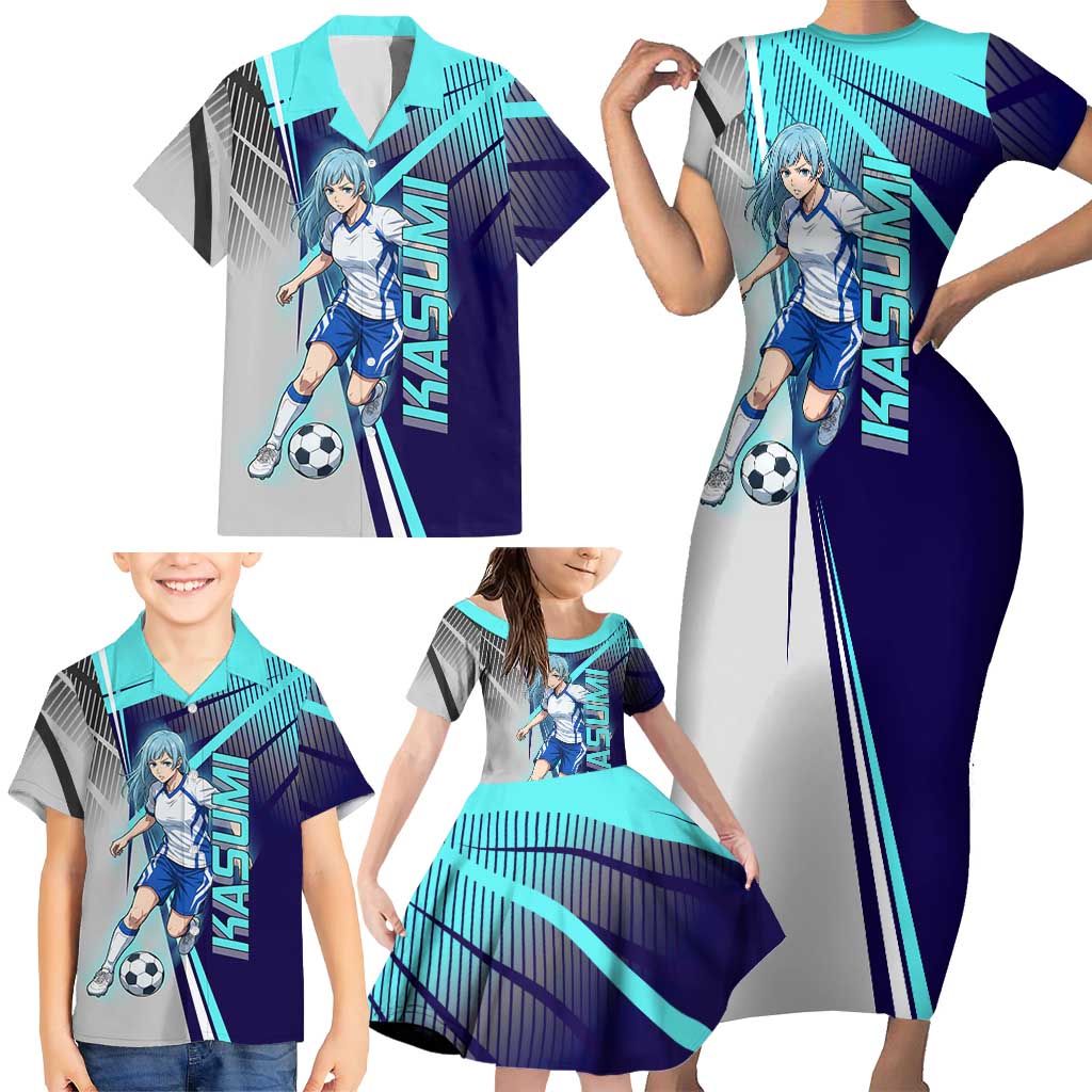Personalized Miwa Kasumi Jujutsu Kaisen Family Matching Short Sleeve Bodycon Dress and Hawaiian Shirt with Light Blue Accents and Action Pose