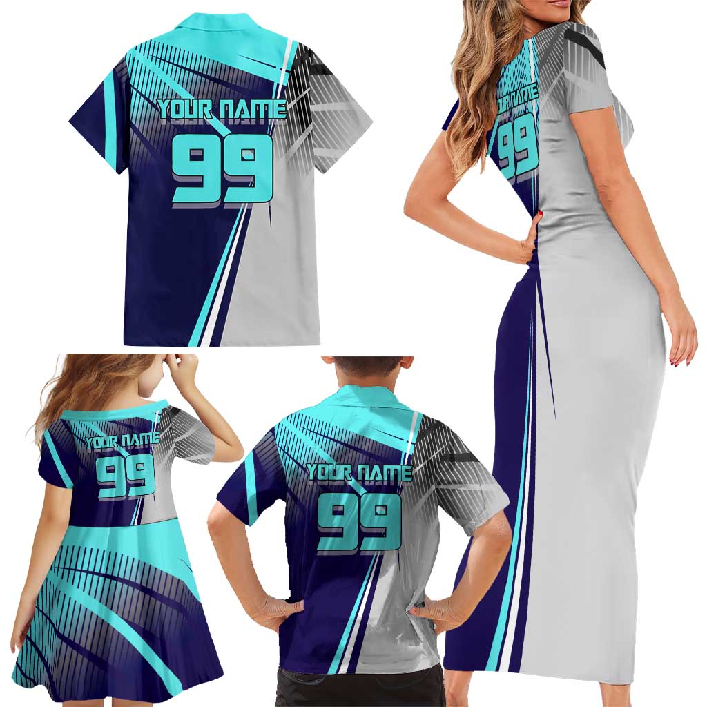 Personalized Miwa Kasumi Jujutsu Kaisen Family Matching Short Sleeve Bodycon Dress and Hawaiian Shirt with Light Blue Accents and Action Pose