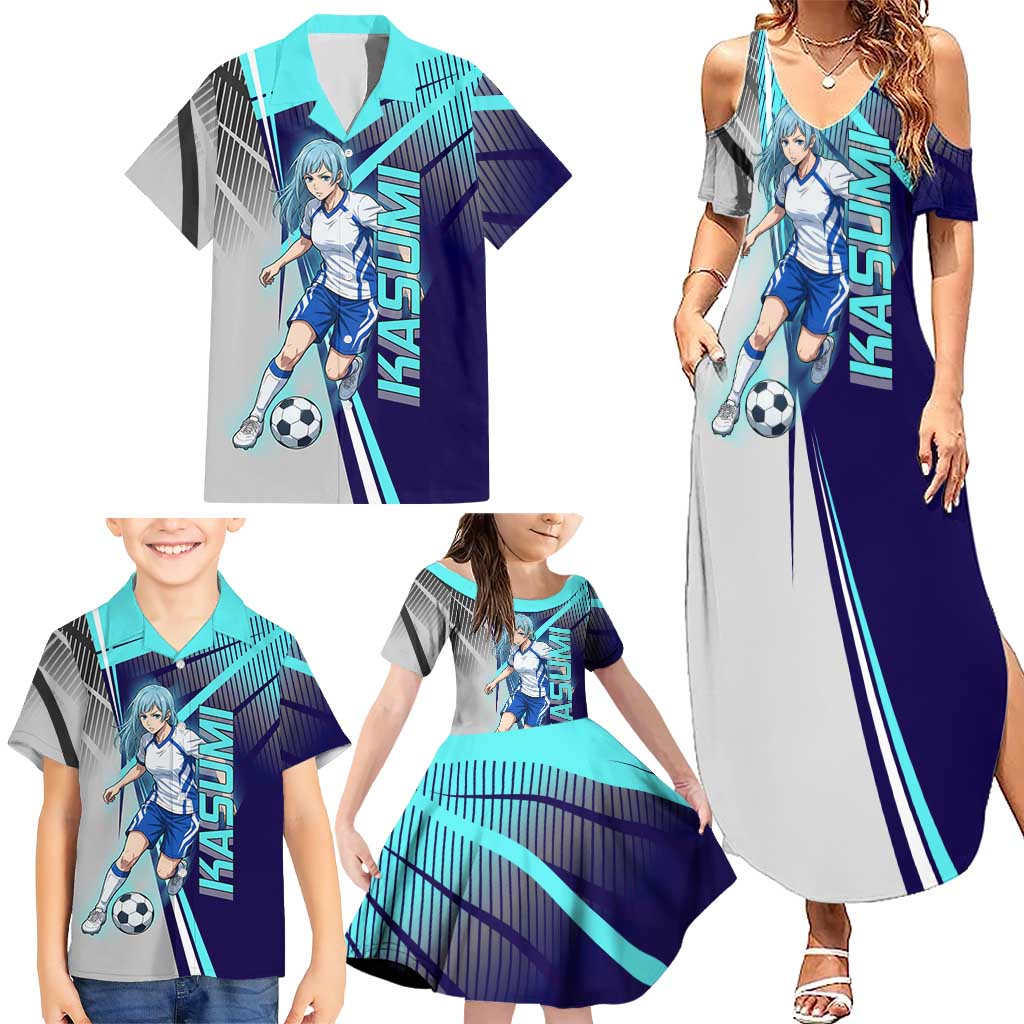 Personalized Miwa Kasumi Jujutsu Kaisen Family Matching Summer Maxi Dress and Hawaiian Shirt with Light Blue Accents and Action Pose