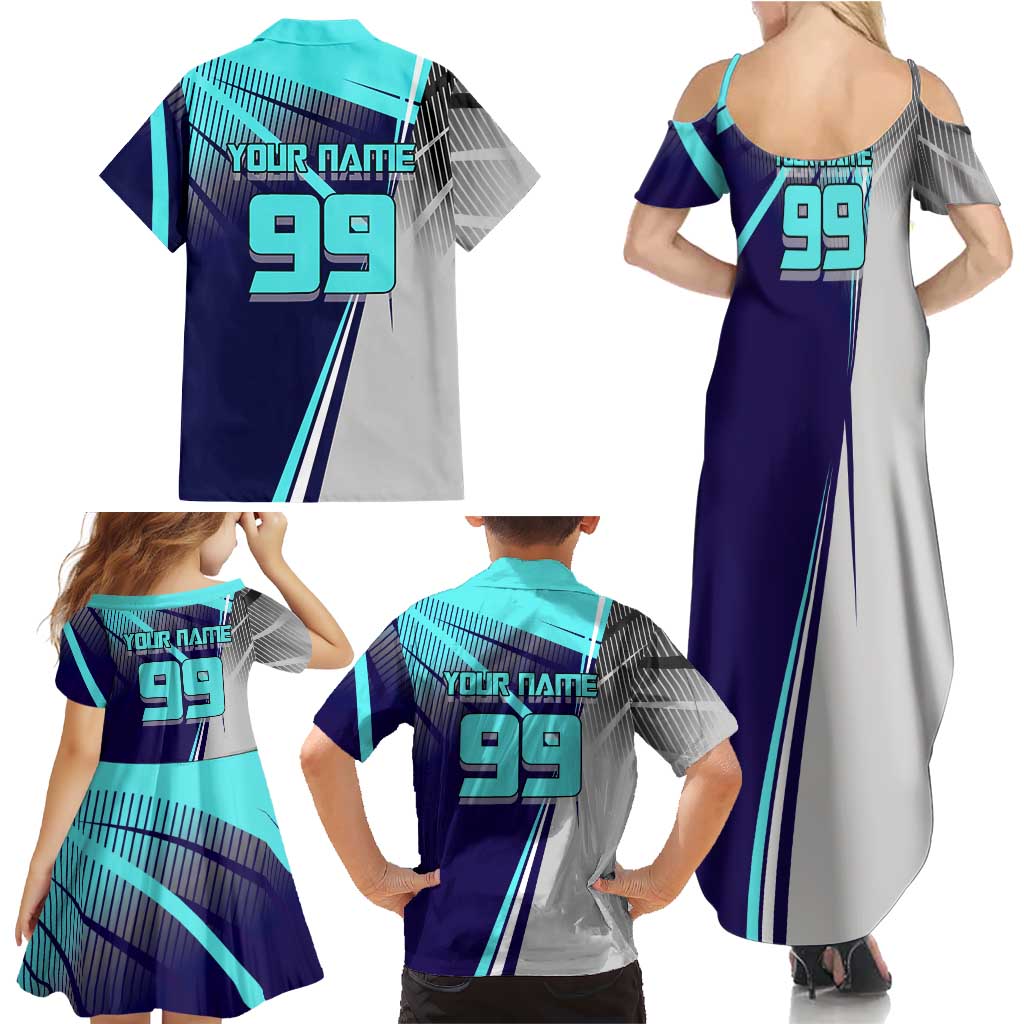 Personalized Miwa Kasumi Jujutsu Kaisen Family Matching Summer Maxi Dress and Hawaiian Shirt with Light Blue Accents and Action Pose