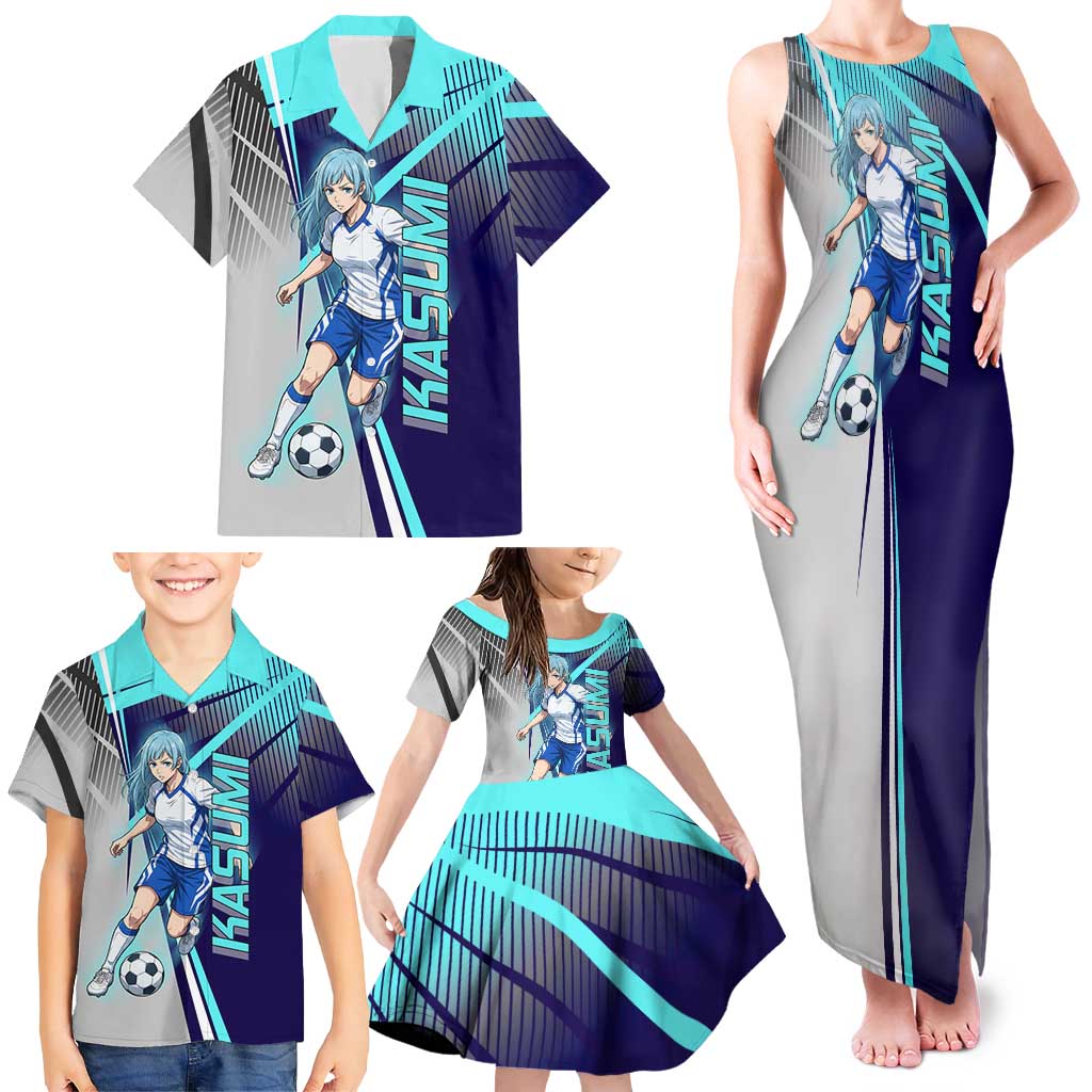 Personalized Miwa Kasumi Jujutsu Kaisen Family Matching Tank Maxi Dress and Hawaiian Shirt with Light Blue Accents and Action Pose