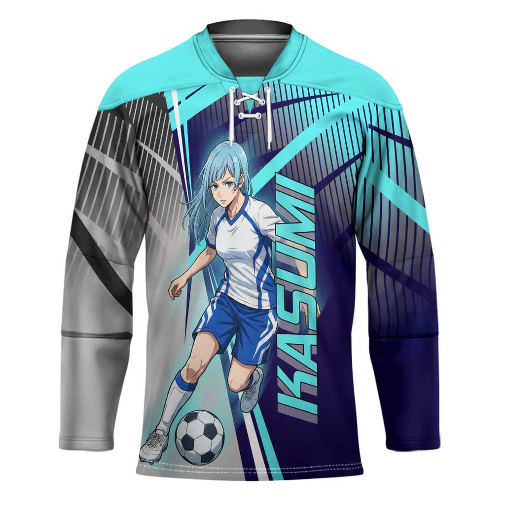 Personalized Miwa Kasumi Jujutsu Kaisen Hockey Jersey with Light Blue Accents and Action Pose