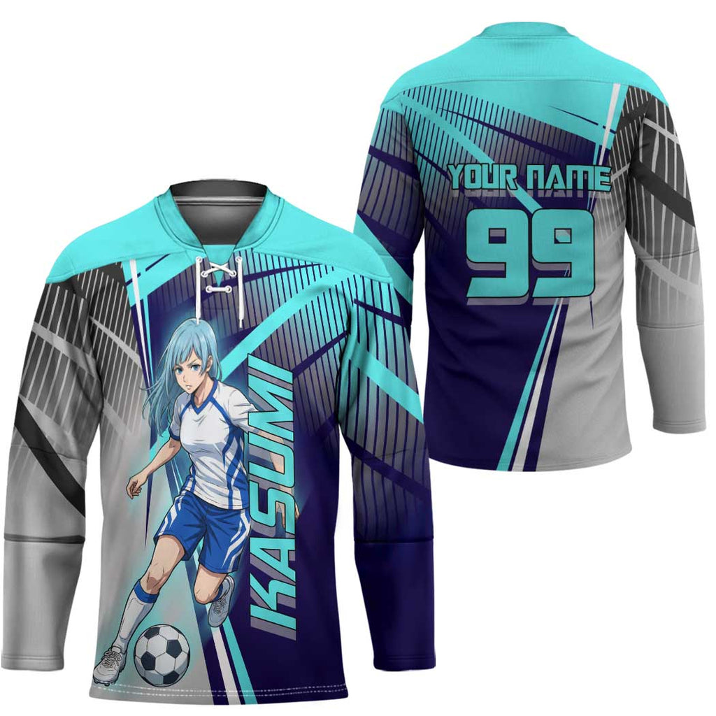 Personalized Miwa Kasumi Jujutsu Kaisen Hockey Jersey with Light Blue Accents and Action Pose