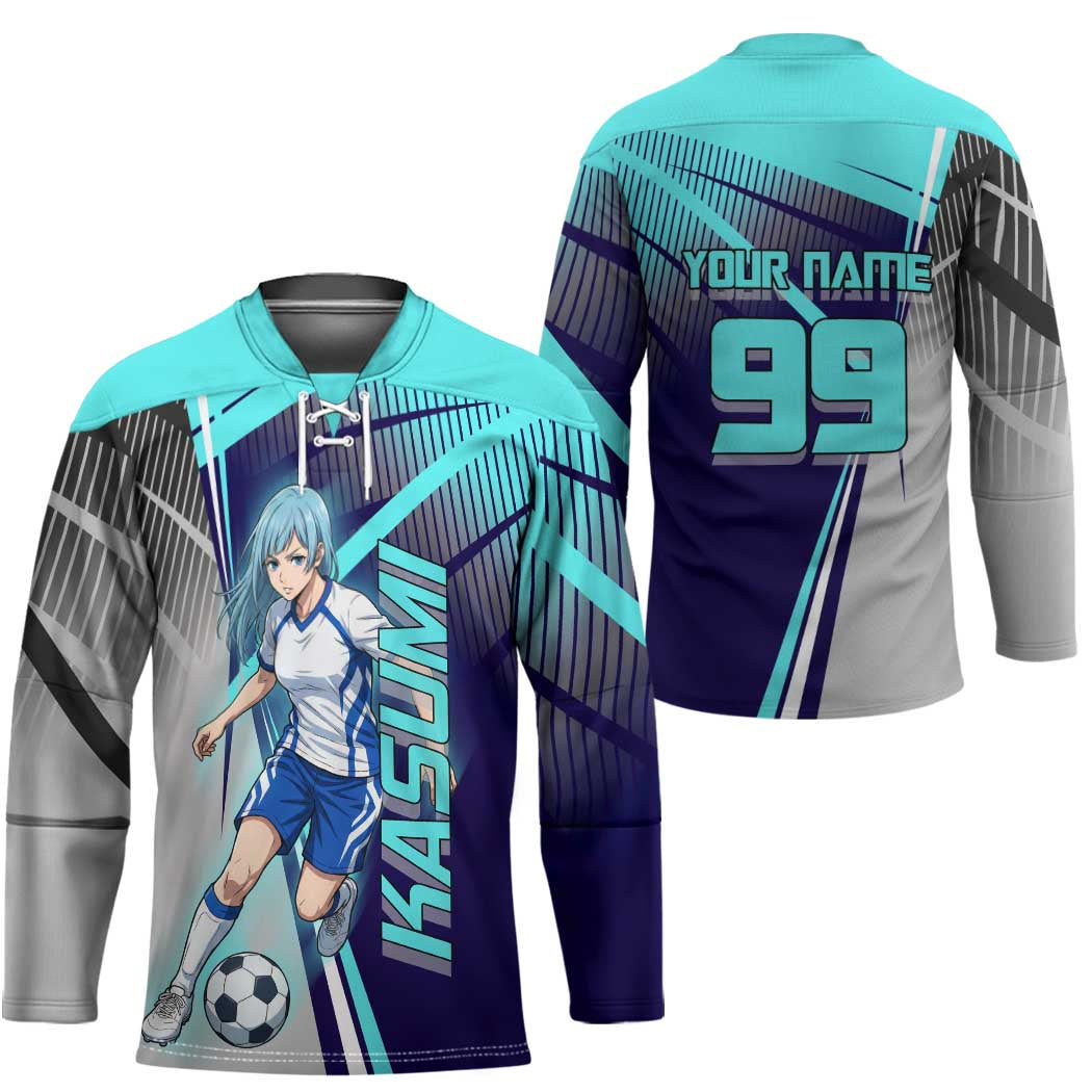 Personalized Miwa Kasumi Jujutsu Kaisen Hockey Jersey with Light Blue Accents and Action Pose