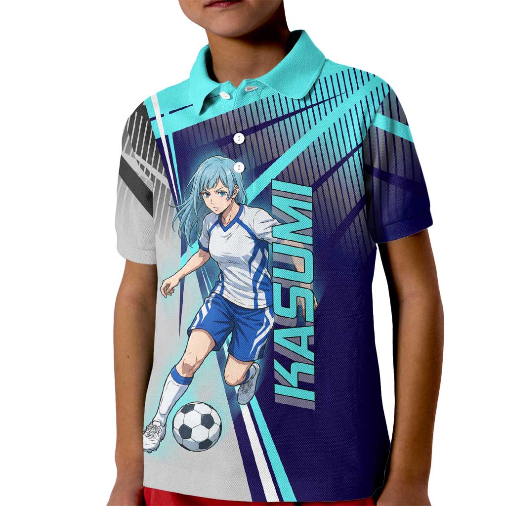 Personalized Miwa Kasumi Jujutsu Kaisen Kid Polo Shirt with Light Blue Accents and Action Pose