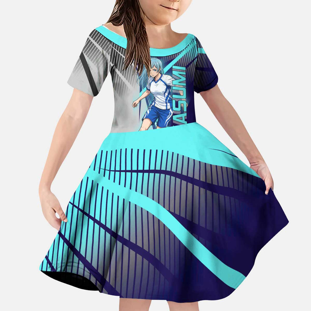 Personalized Miwa Kasumi Jujutsu Kaisen Kid Short Sleeve Dress with Light Blue Accents and Action Pose