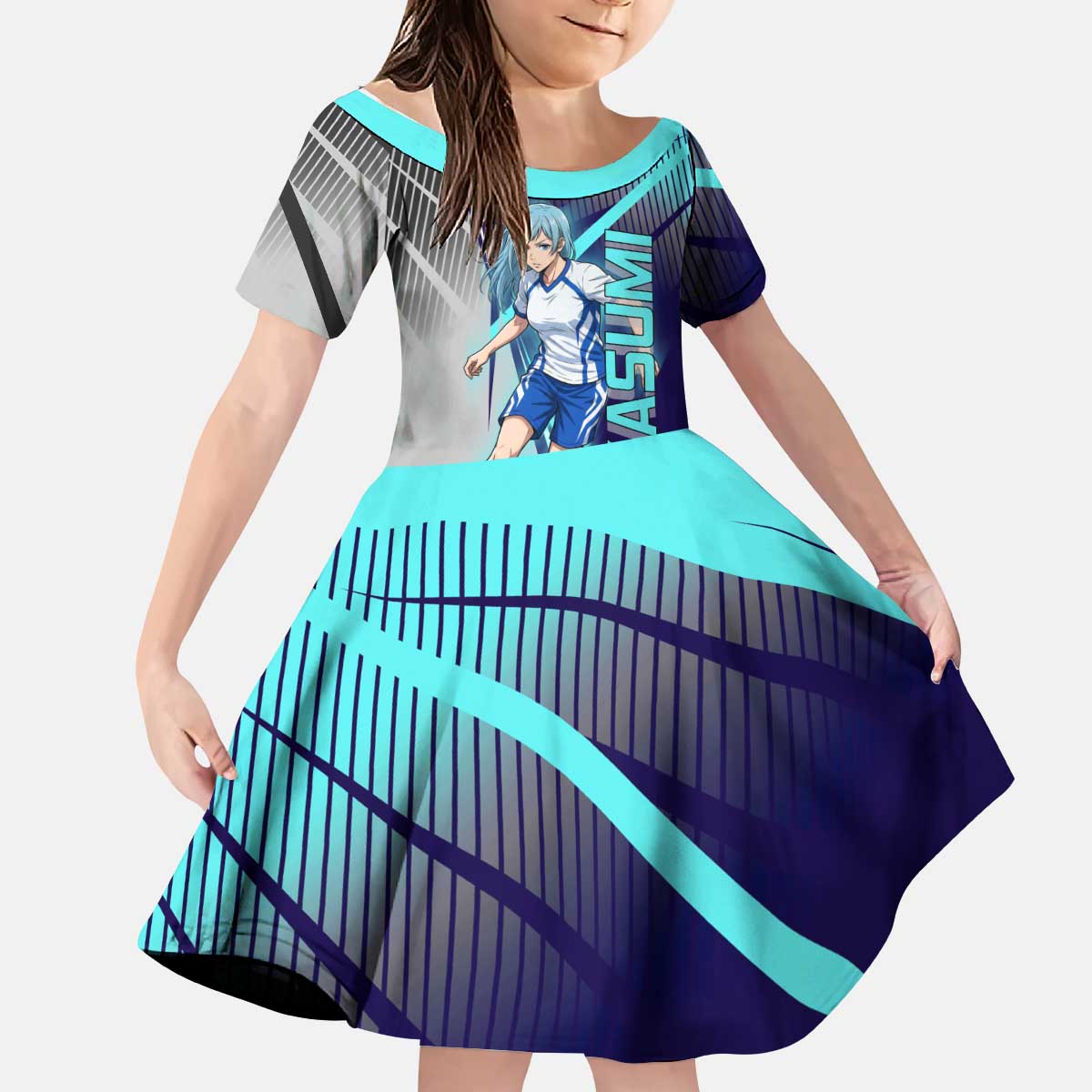 Personalized Miwa Kasumi Jujutsu Kaisen Kid Short Sleeve Dress with Light Blue Accents and Action Pose