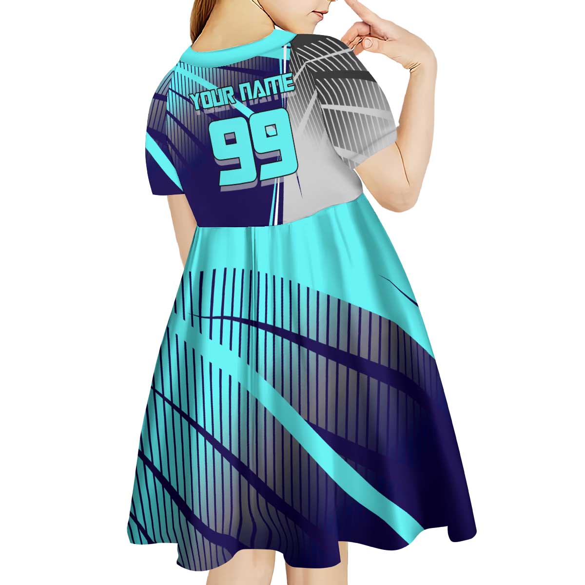 Personalized Miwa Kasumi Jujutsu Kaisen Kid Short Sleeve Dress with Light Blue Accents and Action Pose