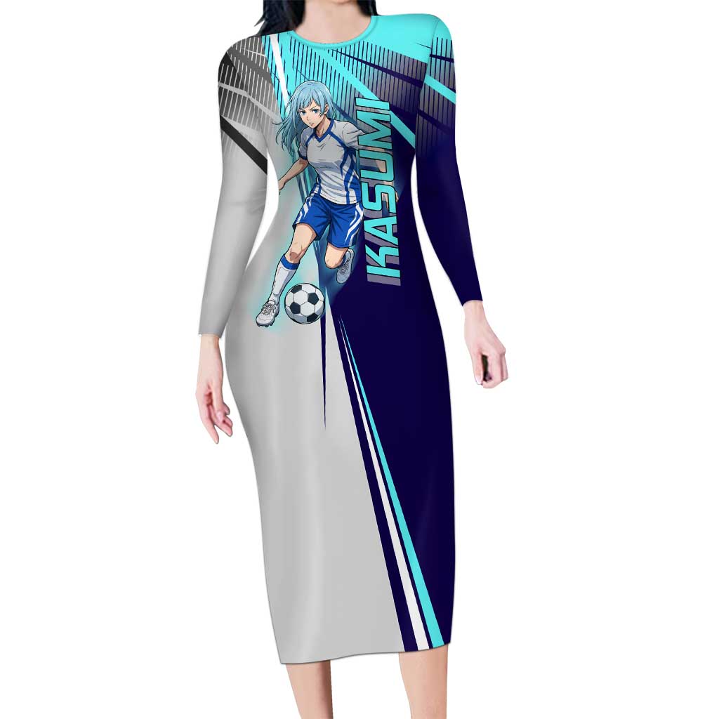 Personalized Miwa Kasumi Jujutsu Kaisen Long Sleeve Bodycon Dress with Light Blue Accents and Action Pose