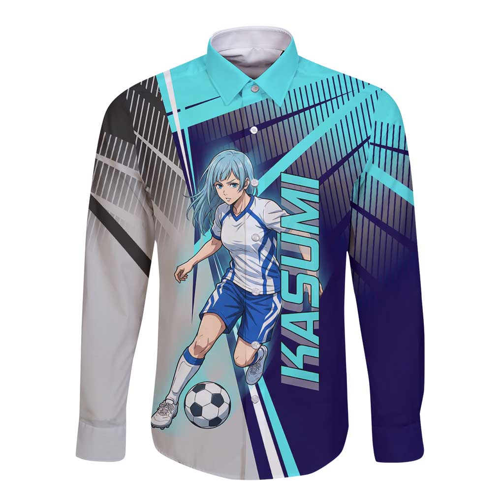 Personalized Miwa Kasumi Jujutsu Kaisen Long Sleeve Button Shirt with Light Blue Accents and Action Pose