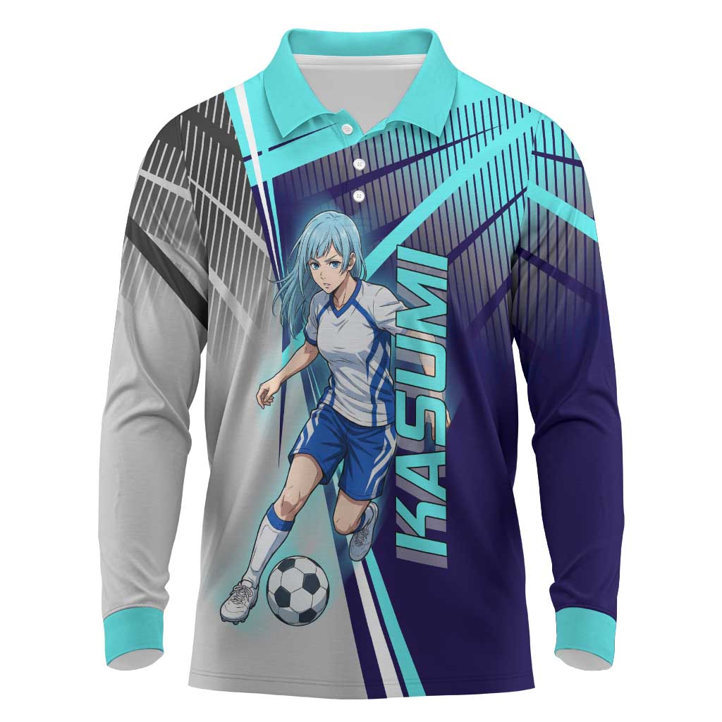 Personalized Miwa Kasumi Jujutsu Kaisen Long Sleeve Polo Shirt with Light Blue Accents and Action Pose