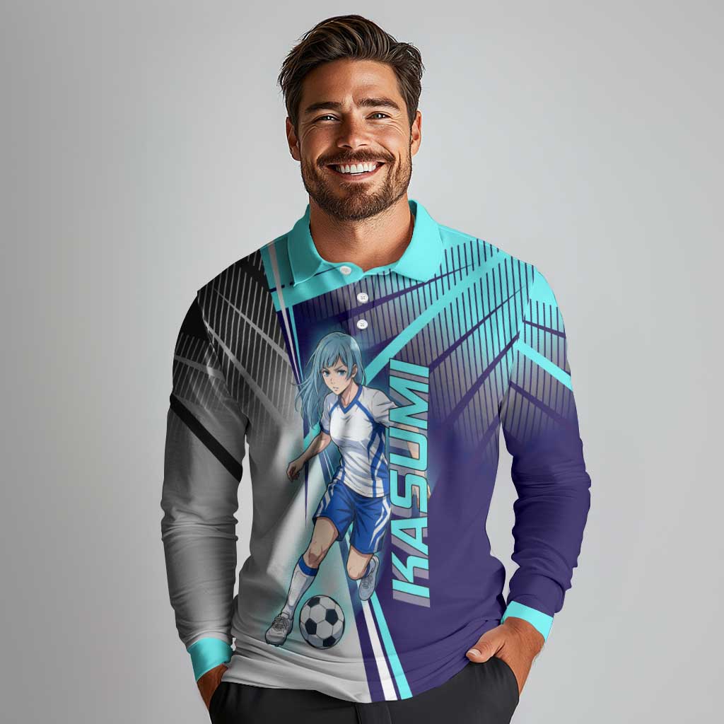 Personalized Miwa Kasumi Jujutsu Kaisen Long Sleeve Polo Shirt with Light Blue Accents and Action Pose