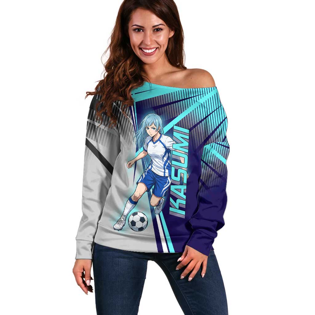 Personalized Miwa Kasumi Jujutsu Kaisen Off Shoulder Sweater with Light Blue Accents and Action Pose