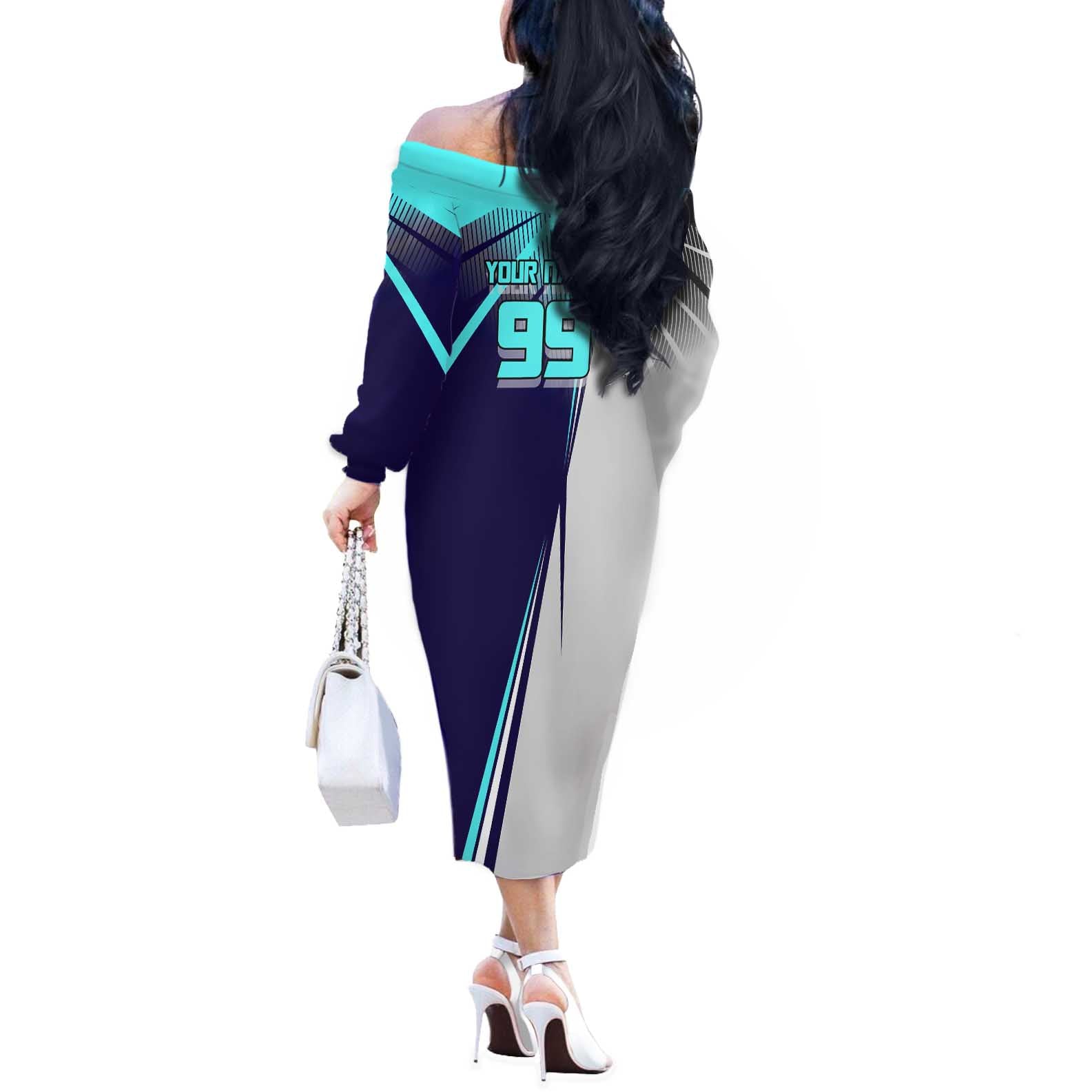 Personalized Miwa Kasumi Jujutsu Kaisen Off The Shoulder Long Sleeve Dress with Light Blue Accents and Action Pose