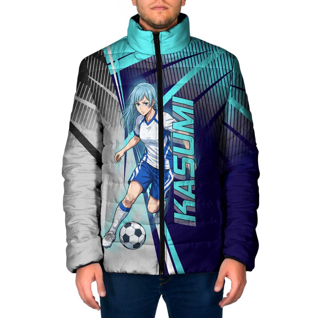Personalized Miwa Kasumi Jujutsu Kaisen Padded Jacket with Light Blue Accents and Action Pose