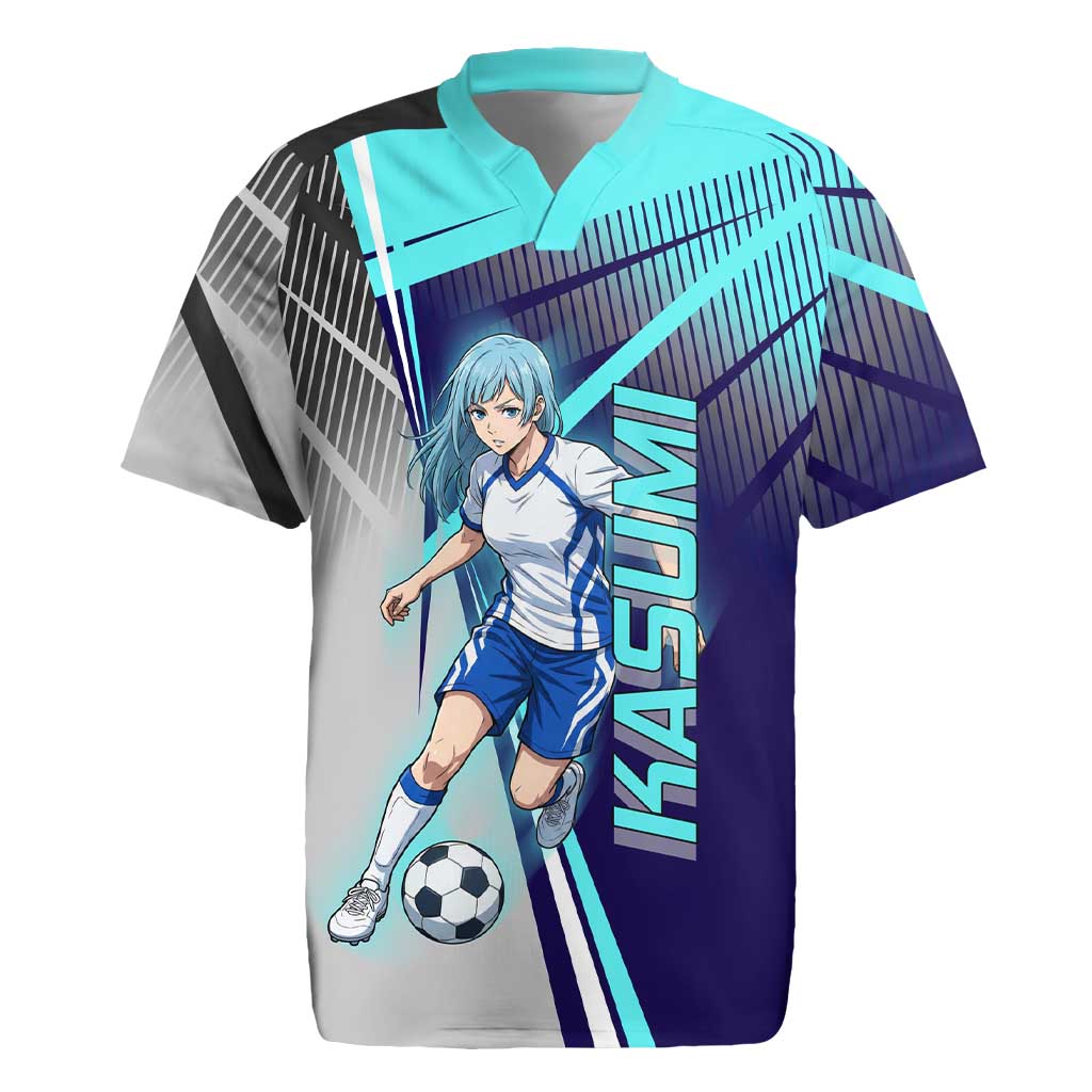Personalized Miwa Kasumi Jujutsu Kaisen Rugby Jersey with Light Blue Accents and Action Pose