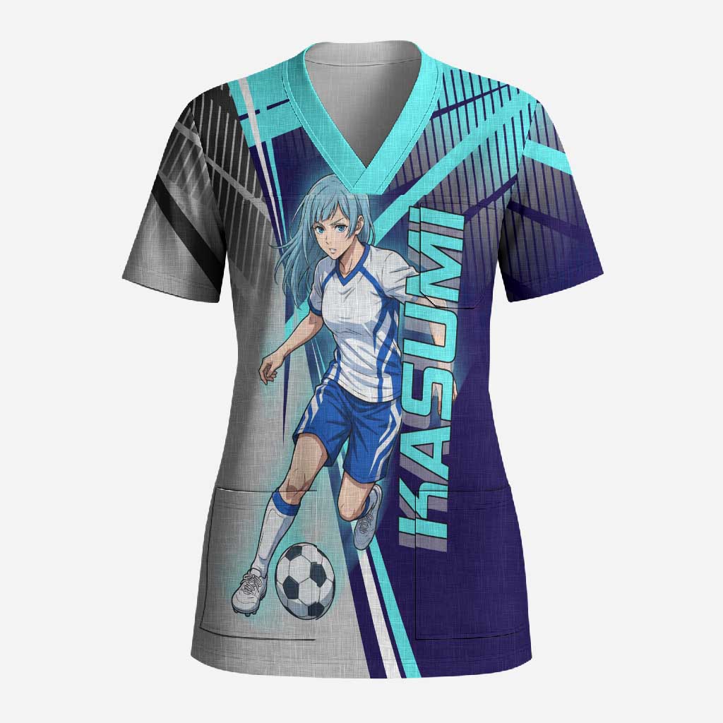 Personalized Miwa Kasumi Jujutsu Kaisen Scrub Top with Light Blue Accents and Action Pose