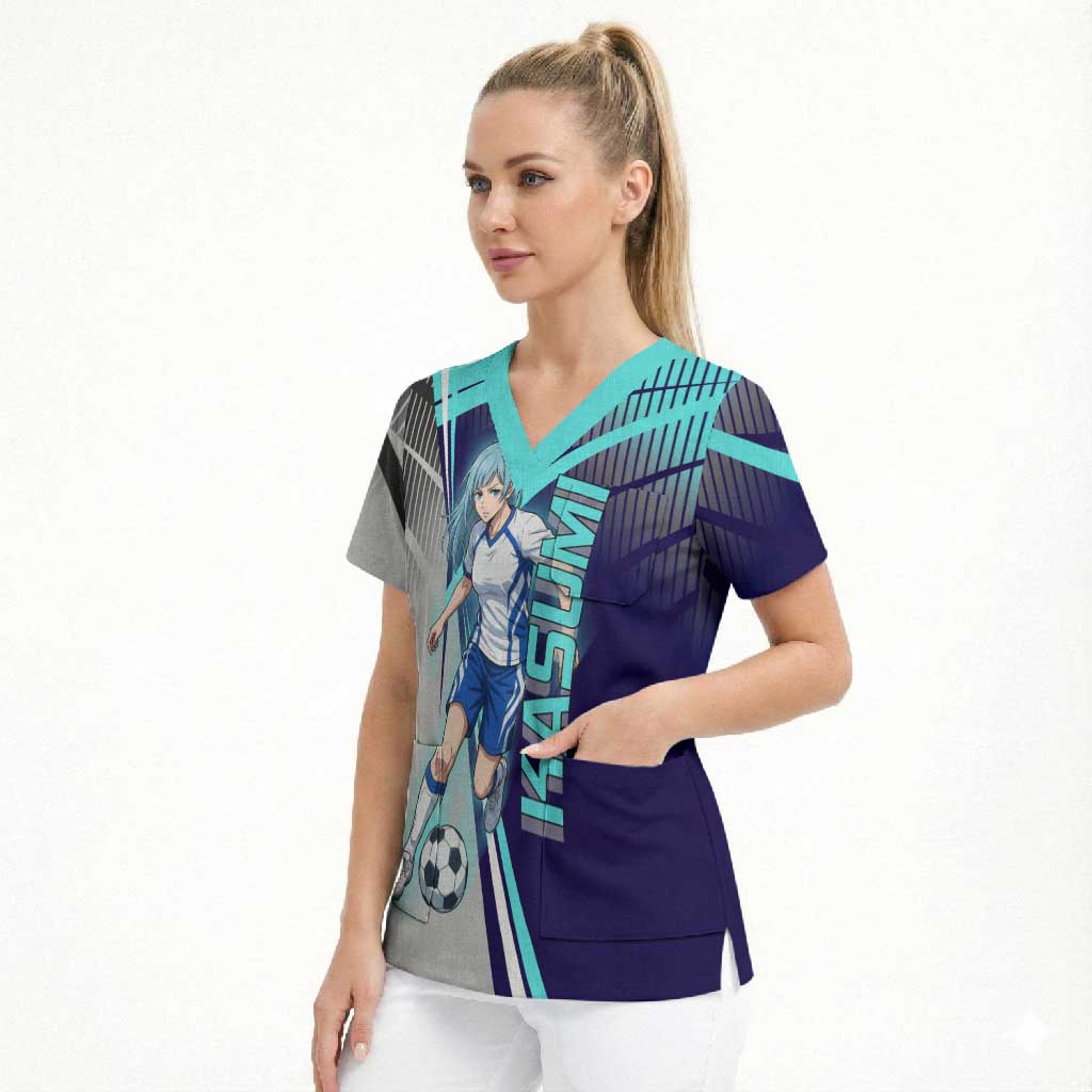 Personalized Miwa Kasumi Jujutsu Kaisen Scrub Top with Light Blue Accents and Action Pose