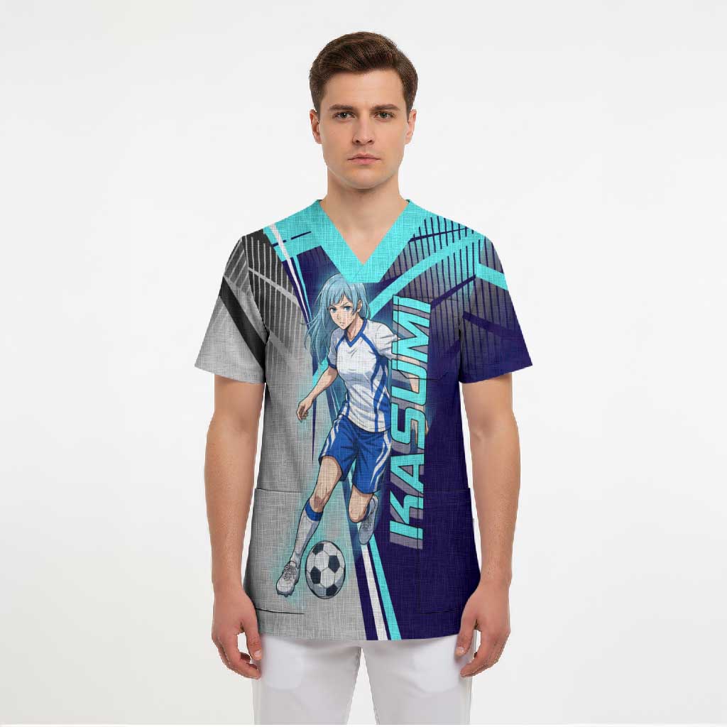 Personalized Miwa Kasumi Jujutsu Kaisen Scrub Top with Light Blue Accents and Action Pose