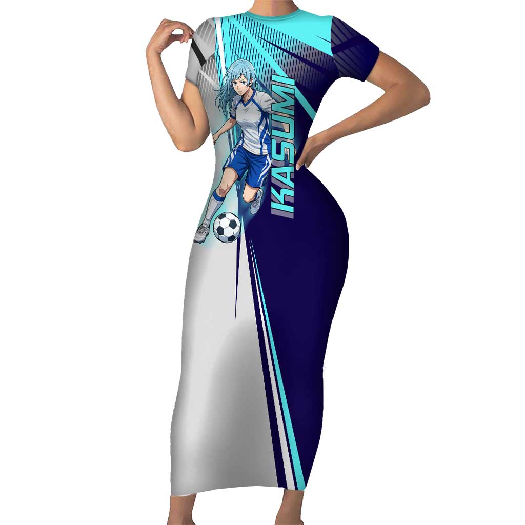 Personalized Miwa Kasumi Jujutsu Kaisen Short Sleeve Bodycon Dress with Light Blue Accents and Action Pose