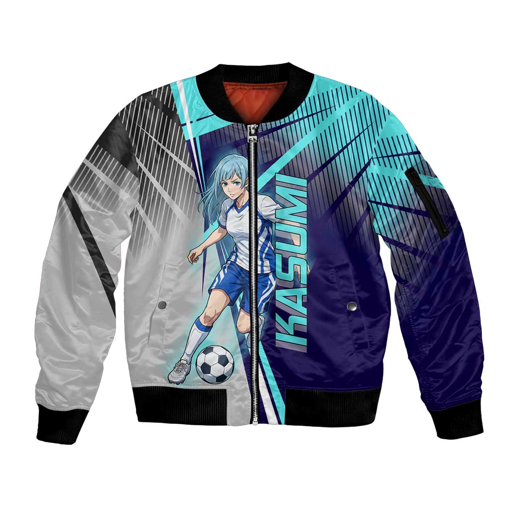 Personalized Miwa Kasumi Jujutsu Kaisen Sleeve Zip Bomber Jacket with Light Blue Accents and Action Pose
