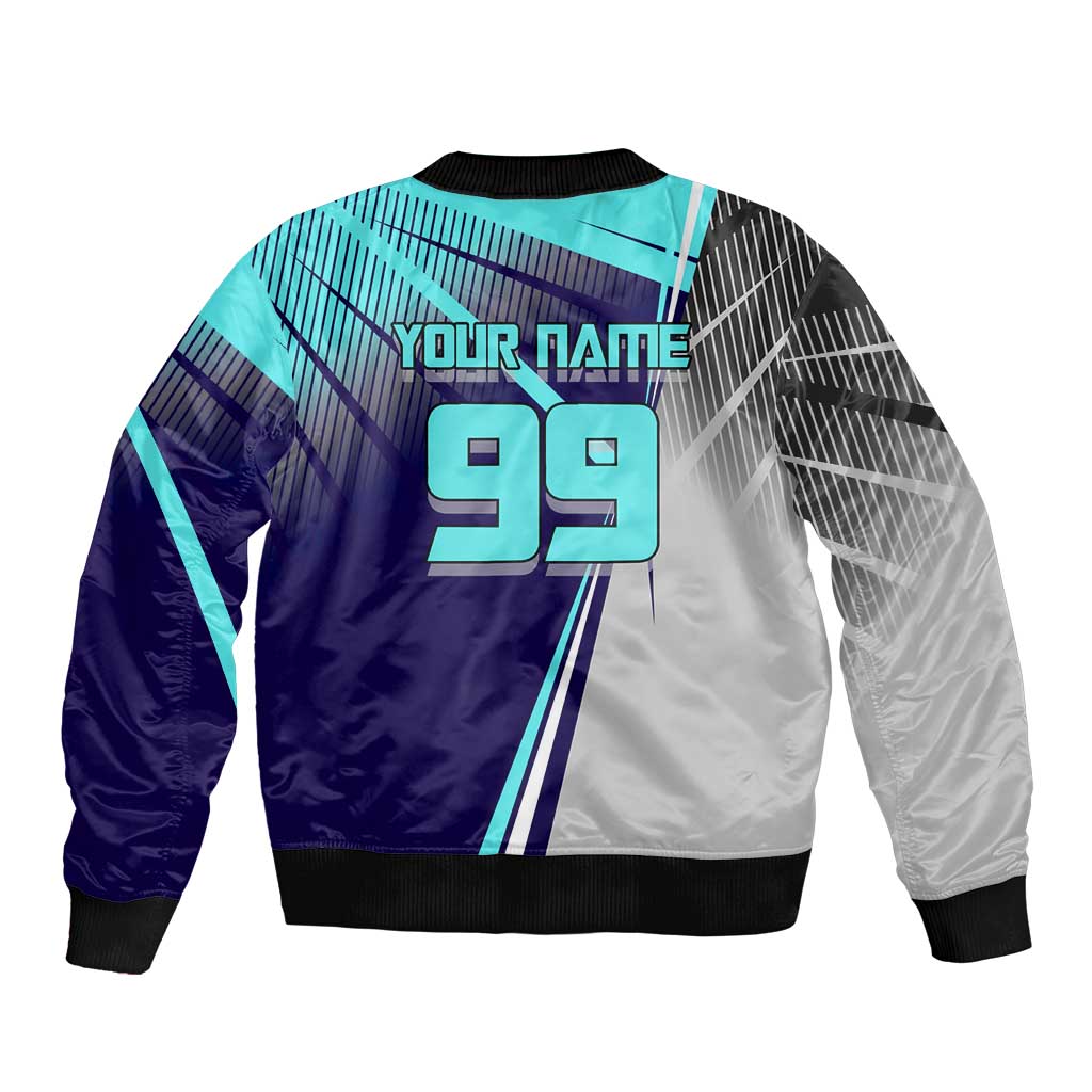 Personalized Miwa Kasumi Jujutsu Kaisen Sleeve Zip Bomber Jacket with Light Blue Accents and Action Pose