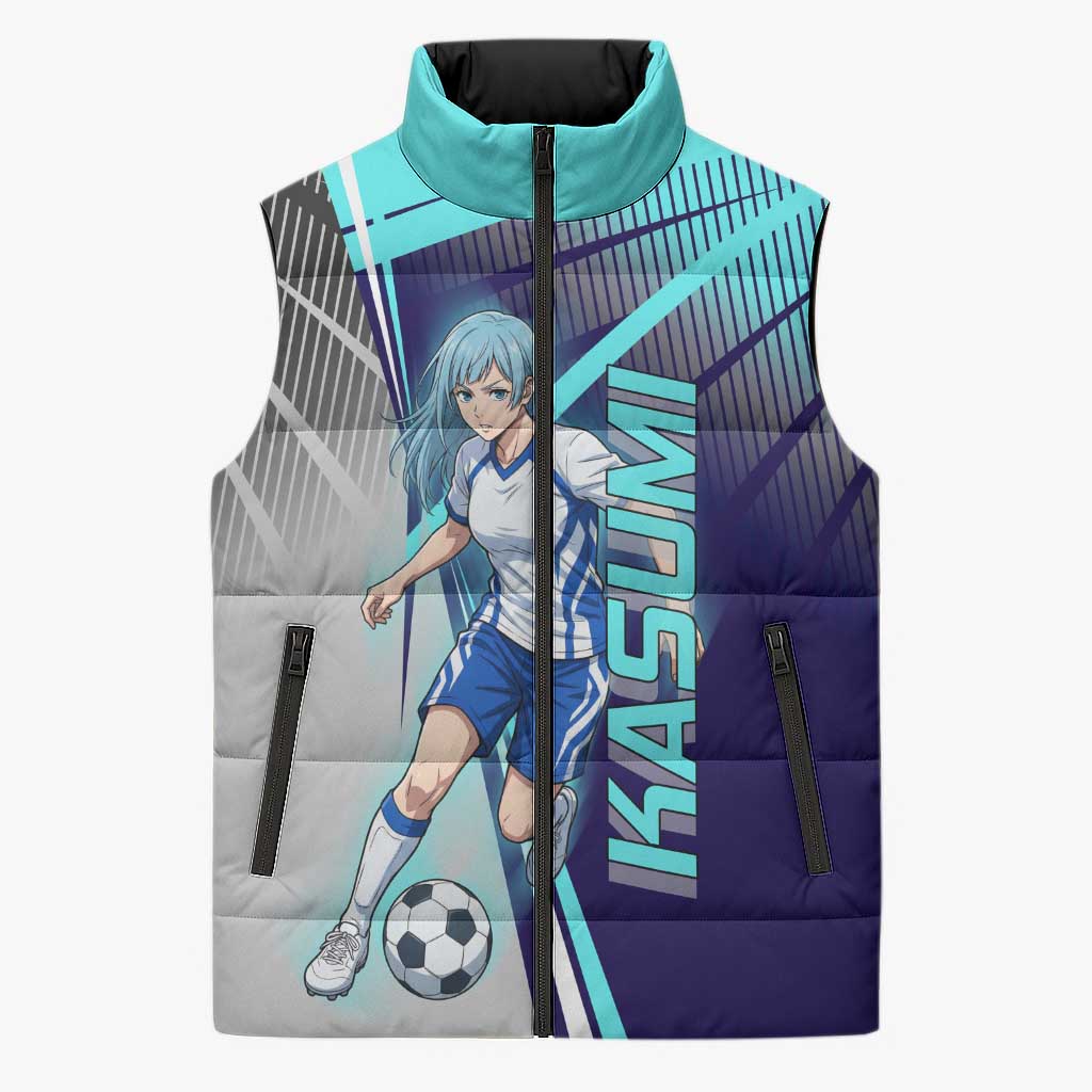 Personalized Miwa Kasumi Jujutsu Kaisen Sleeveless Puffer Jacket with Light Blue Accents and Action Pose