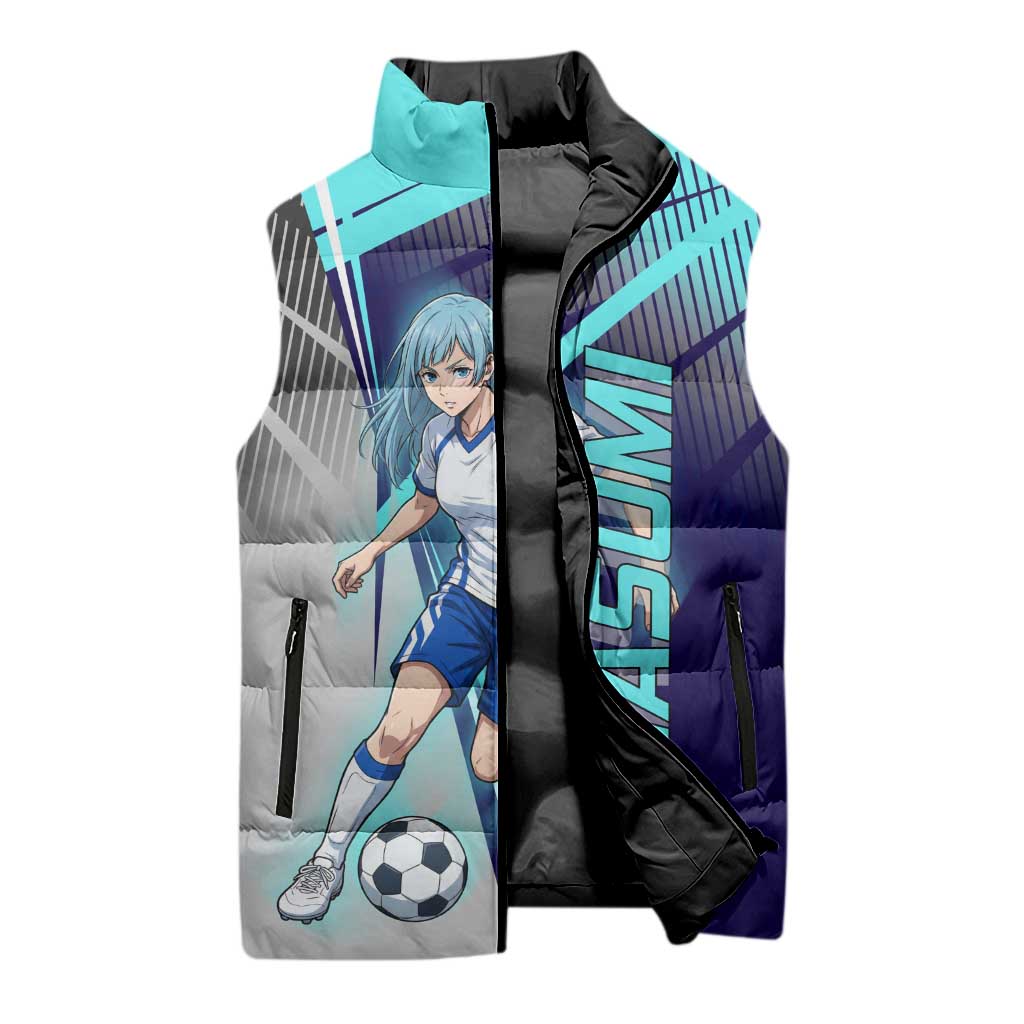 Personalized Miwa Kasumi Jujutsu Kaisen Sleeveless Puffer Jacket with Light Blue Accents and Action Pose