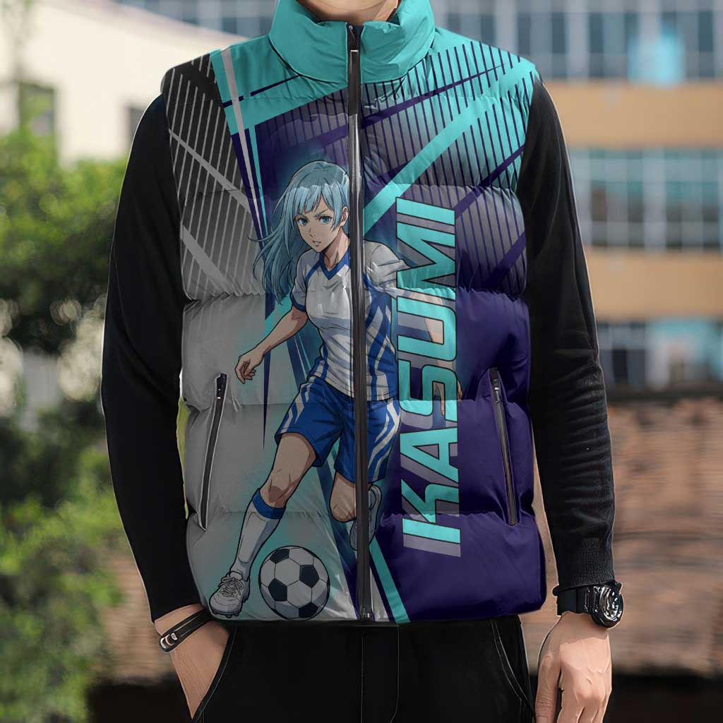 Personalized Miwa Kasumi Jujutsu Kaisen Sleeveless Puffer Jacket with Light Blue Accents and Action Pose
