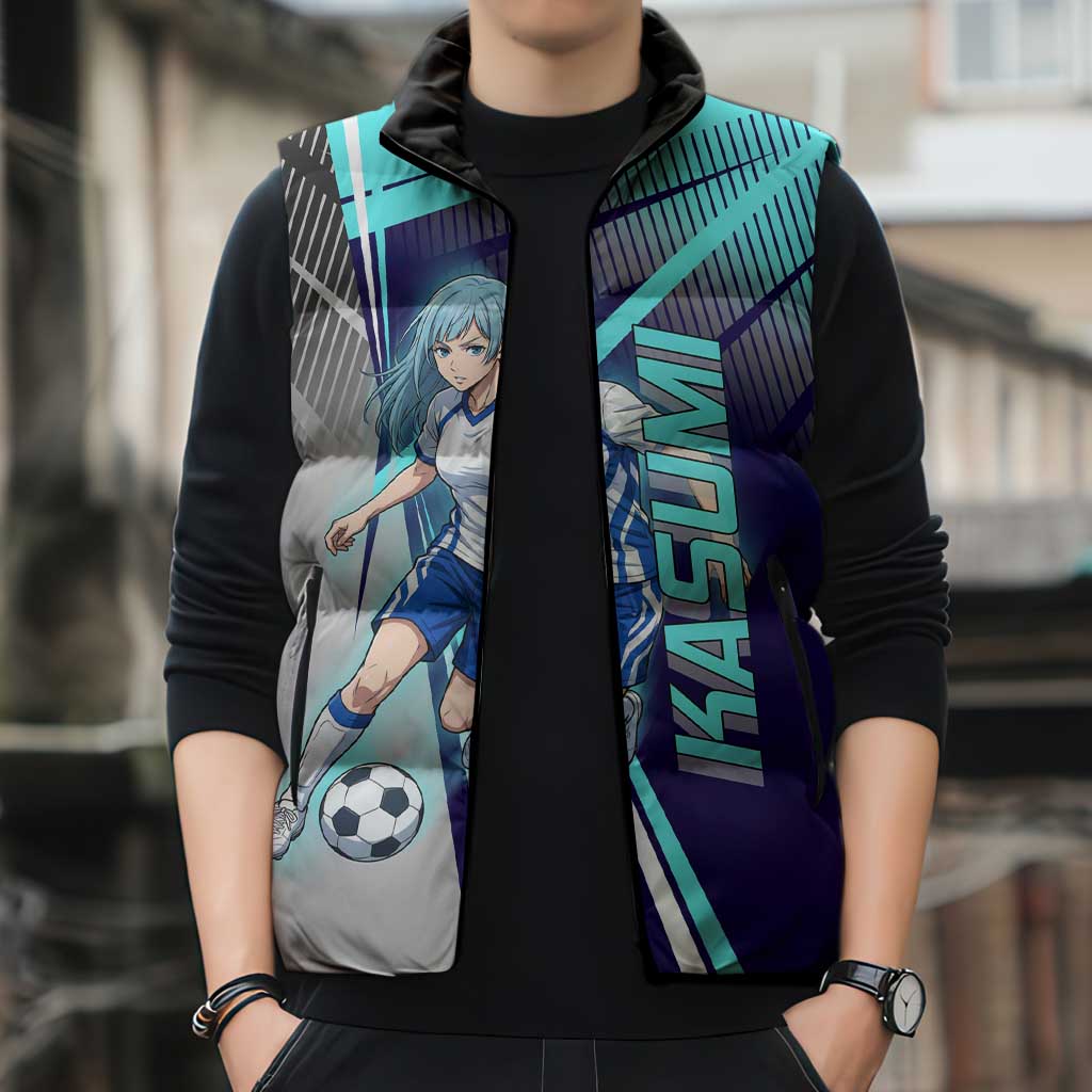 Personalized Miwa Kasumi Jujutsu Kaisen Sleeveless Puffer Jacket with Light Blue Accents and Action Pose