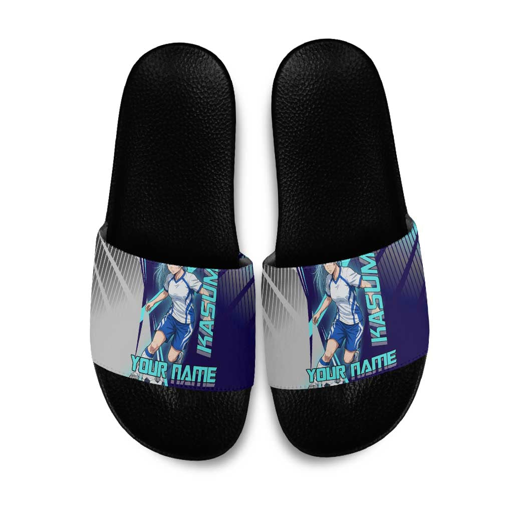 Personalized Miwa Kasumi Jujutsu Kaisen Slide Sandals with Light Blue Accents and Action Pose