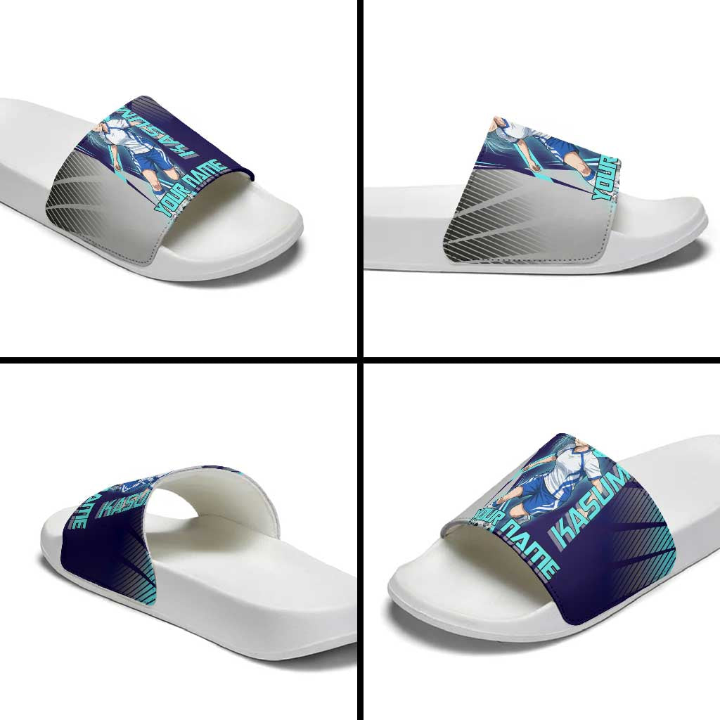 Personalized Miwa Kasumi Jujutsu Kaisen Slide Sandals with Light Blue Accents and Action Pose