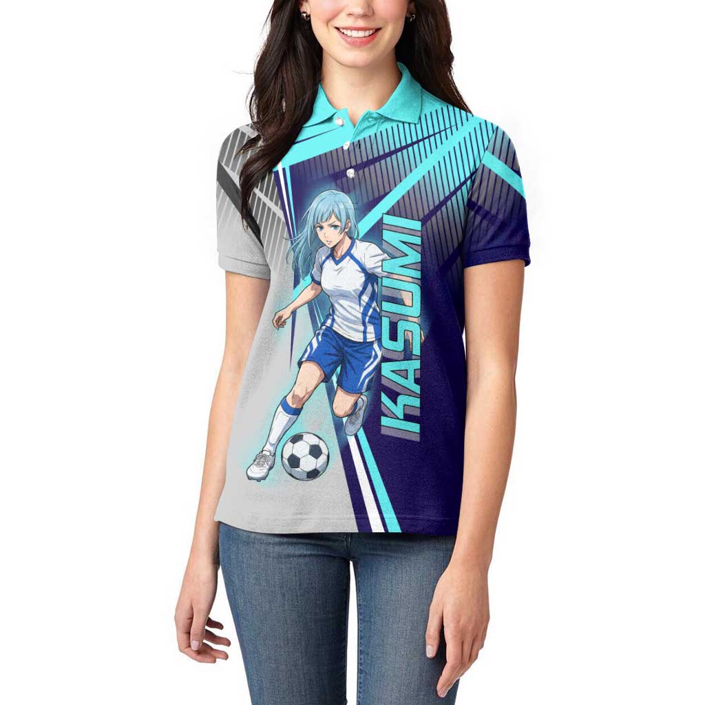 Personalized Miwa Kasumi Jujutsu Kaisen Women Polo Shirt with Light Blue Accents and Action Pose