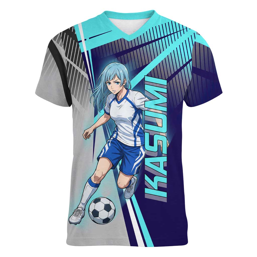 Personalized Miwa Kasumi Jujutsu Kaisen Women V-Neck T-Shirt with Light Blue Accents and Action Pose