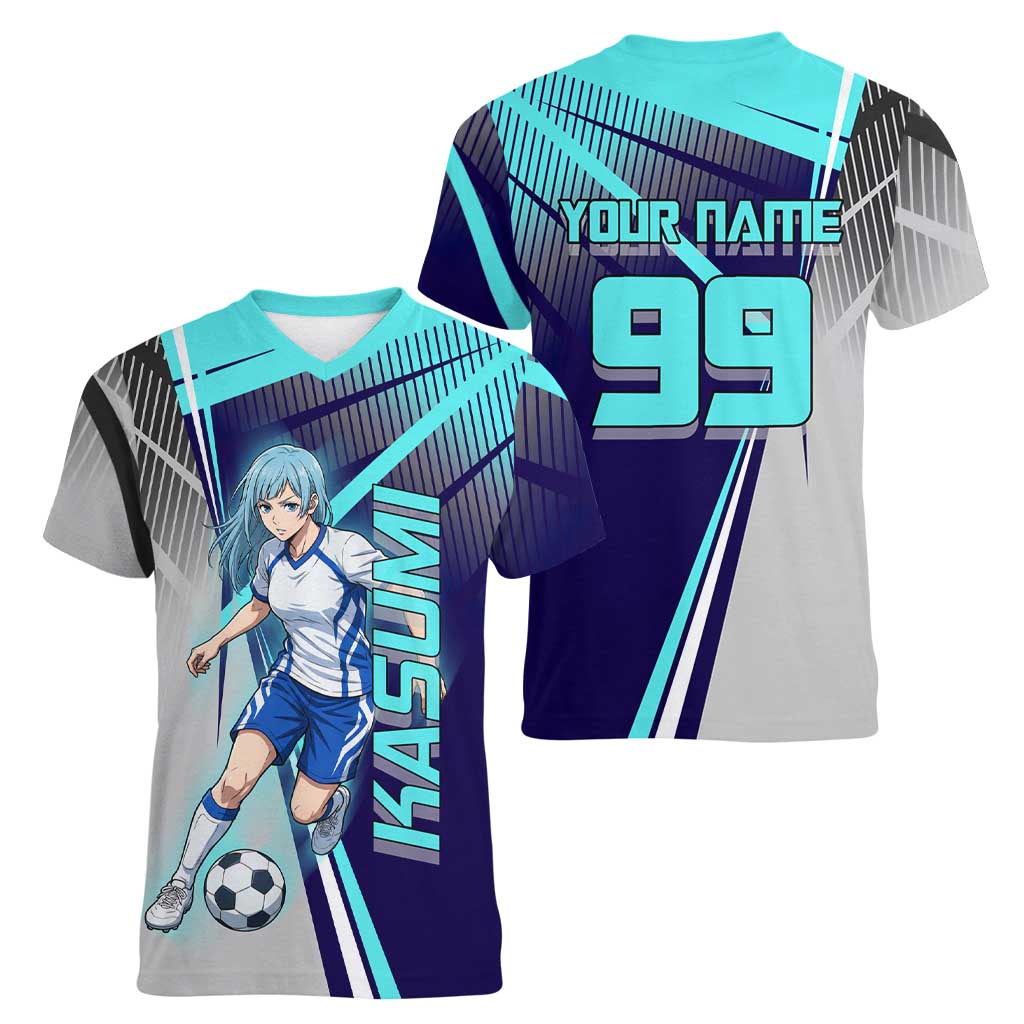 Personalized Miwa Kasumi Jujutsu Kaisen Women V-Neck T-Shirt with Light Blue Accents and Action Pose
