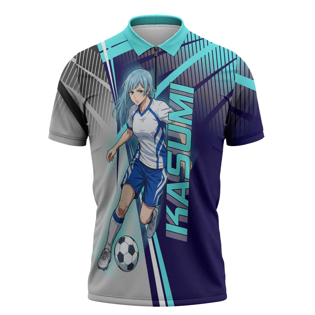 Personalized Miwa Kasumi Jujutsu Kaisen Zipper Polo Shirt with Light Blue Accents and Action Pose