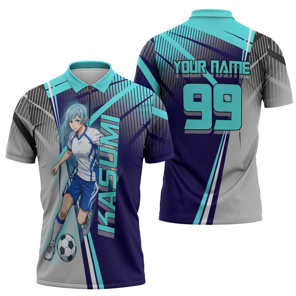 Personalized Miwa Kasumi Jujutsu Kaisen Zipper Polo Shirt with Light Blue Accents and Action Pose