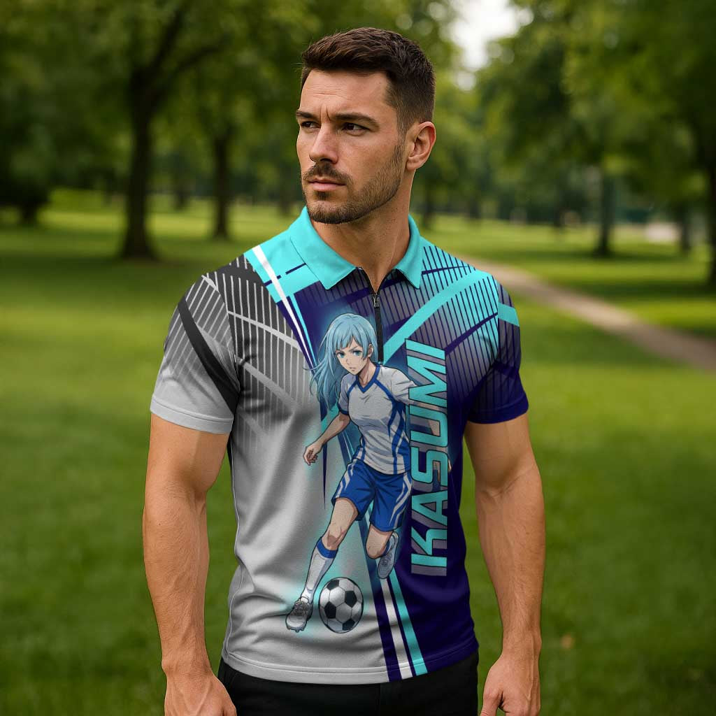 Personalized Miwa Kasumi Jujutsu Kaisen Zipper Polo Shirt with Light Blue Accents and Action Pose