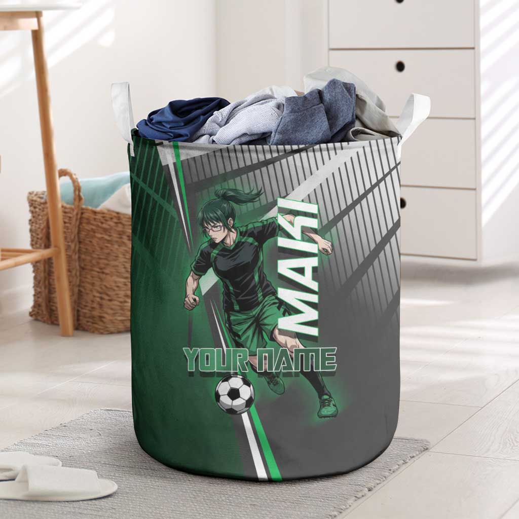 Personalized Maki Zenin Jujutsu Kaisen Laundry Basket Anime Soccer Design, Green Monochrome Action Pose