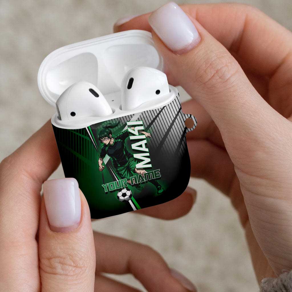 Personalized Maki Zenin Jujutsu Kaisen AirPods Case Anime Soccer Design, Green Monochrome Action Pose