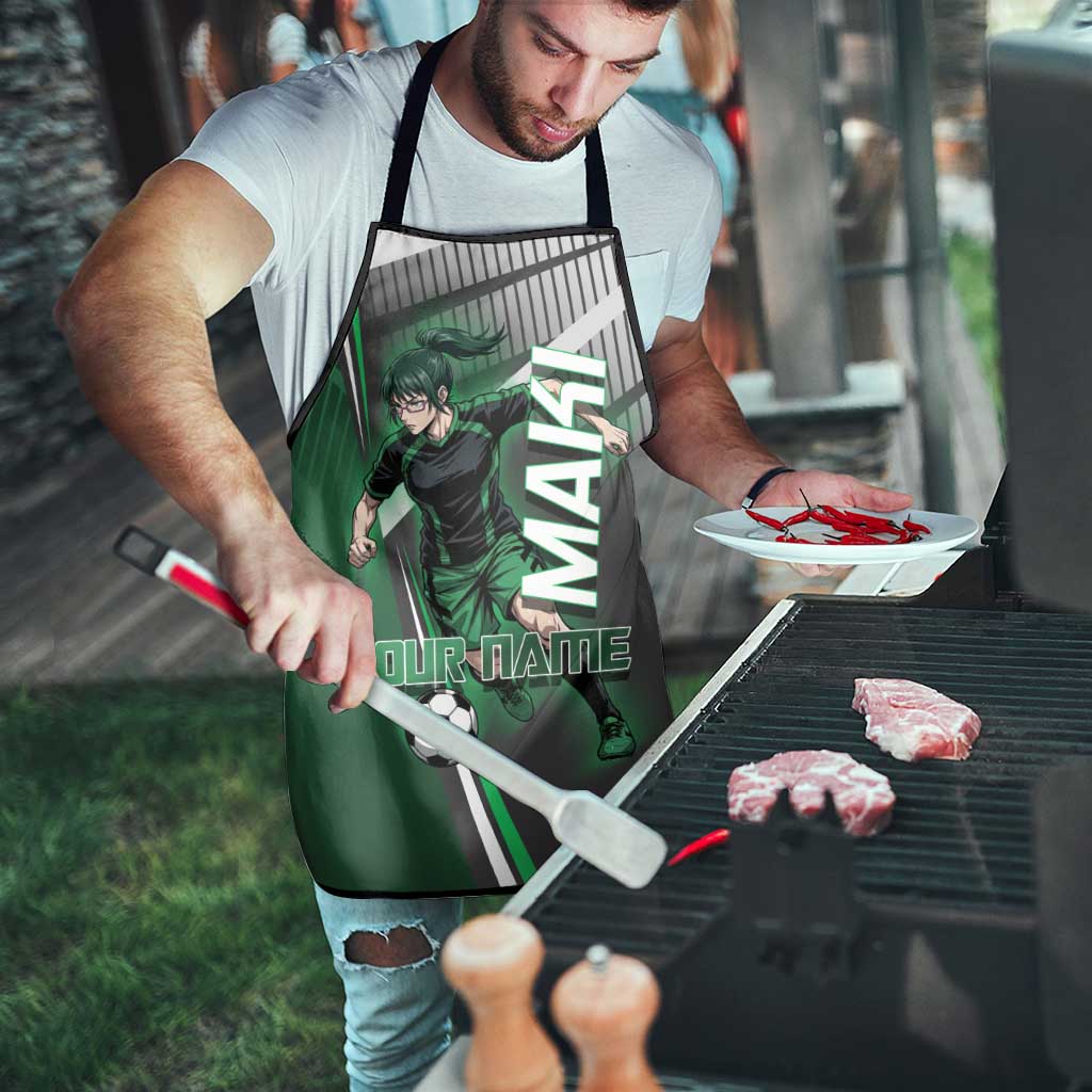 Personalized Maki Zenin Jujutsu Kaisen Apron Anime Soccer Design, Green Monochrome Action Pose
