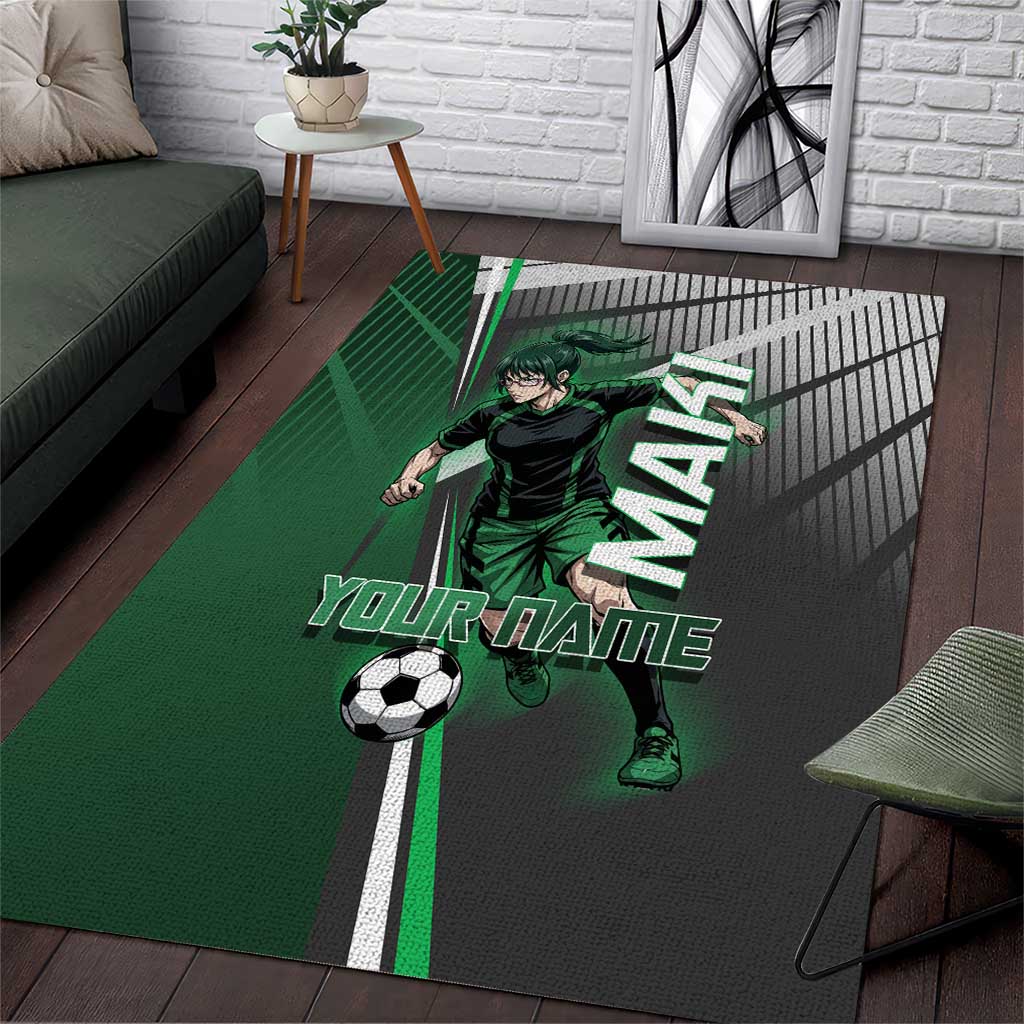 Personalized Maki Zenin Jujutsu Kaisen Area Rug Anime Soccer Design, Green Monochrome Action Pose