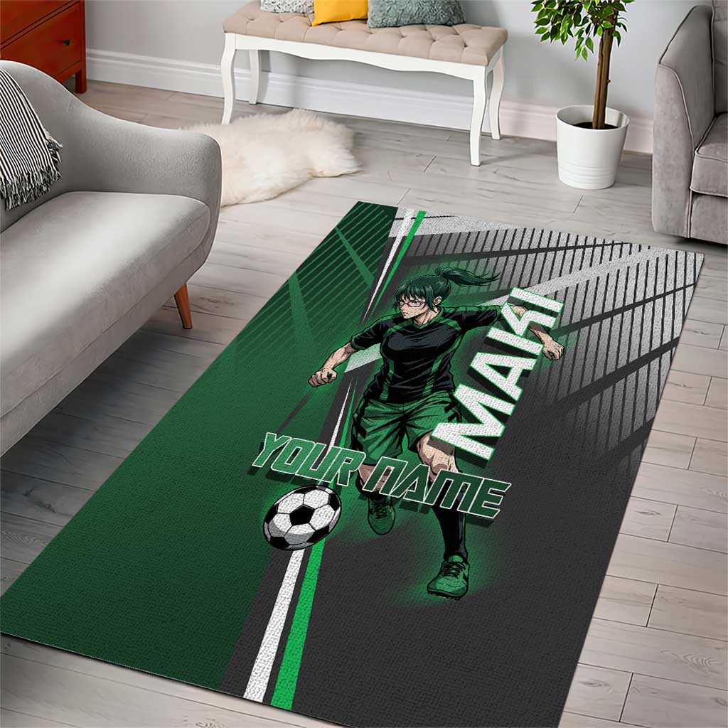 Personalized Maki Zenin Jujutsu Kaisen Area Rug Anime Soccer Design, Green Monochrome Action Pose
