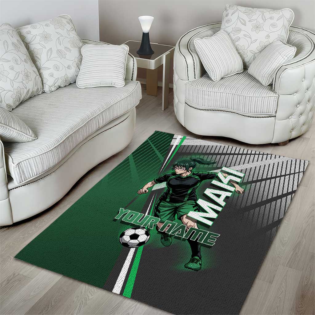 Personalized Maki Zenin Jujutsu Kaisen Area Rug Anime Soccer Design, Green Monochrome Action Pose