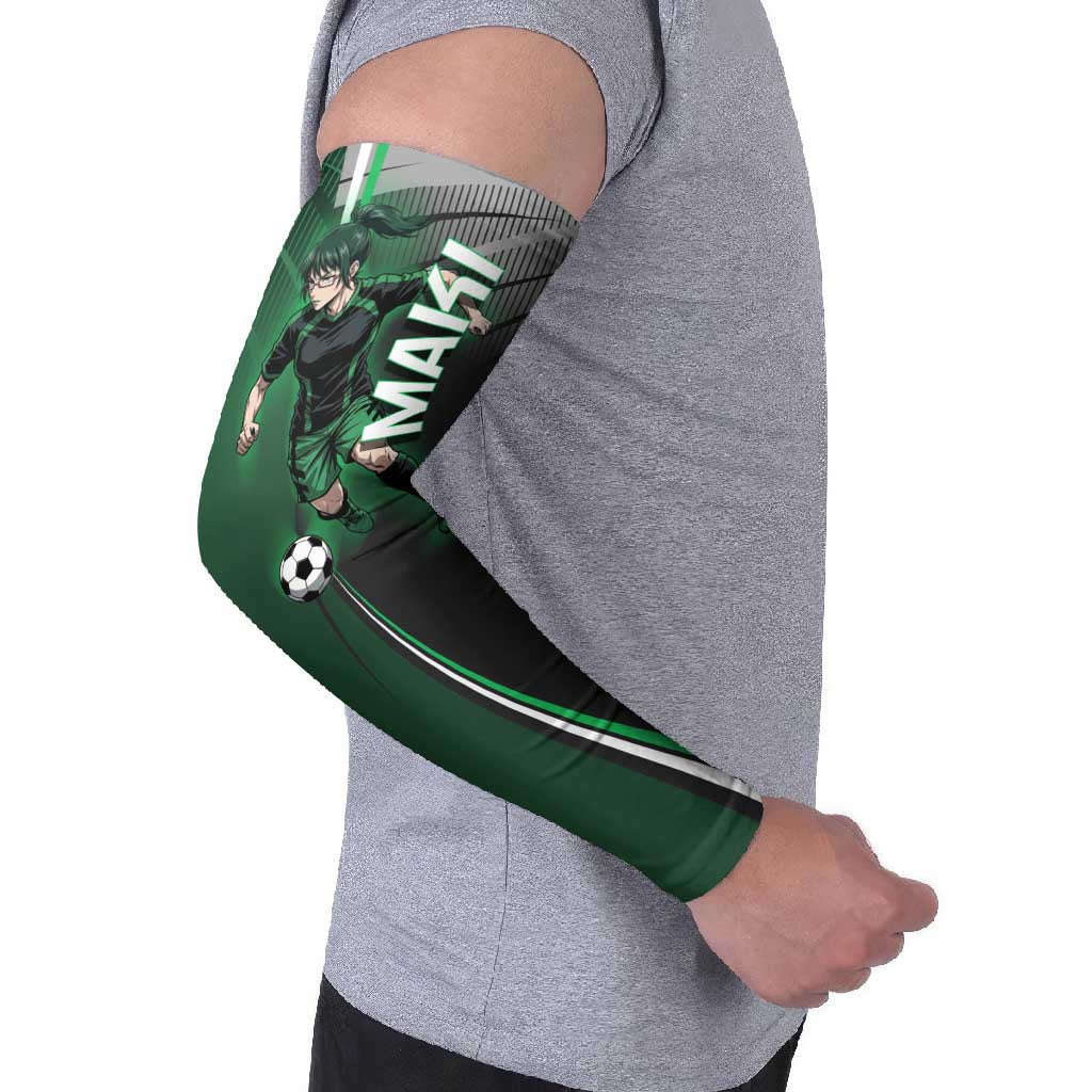 Personalized Maki Zenin Jujutsu Kaisen Arm Sleeves Anime Soccer Design, Green Monochrome Action Pose