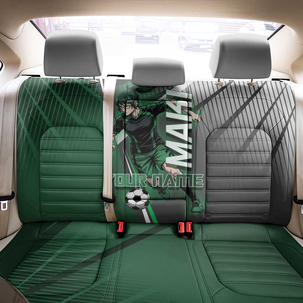Personalized Maki Zenin Jujutsu Kaisen Back Car Seat Cover Anime Soccer Design, Green Monochrome Action Pose