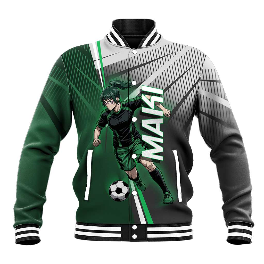 Personalized Maki Zenin Jujutsu Kaisen Baseball Jacket Anime Soccer Design, Green Monochrome Action Pose
