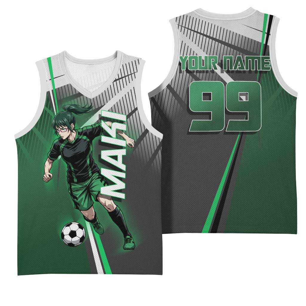 Personalized Maki Zenin Jujutsu Kaisen Basketball Jersey Anime Soccer Design, Green Monochrome Action Pose