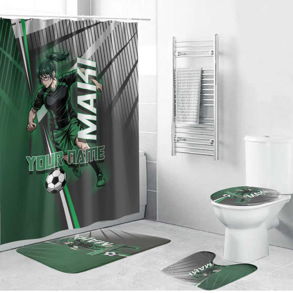 Personalized Maki Zenin Jujutsu Kaisen Bathroom Set Anime Soccer Design, Green Monochrome Action Pose